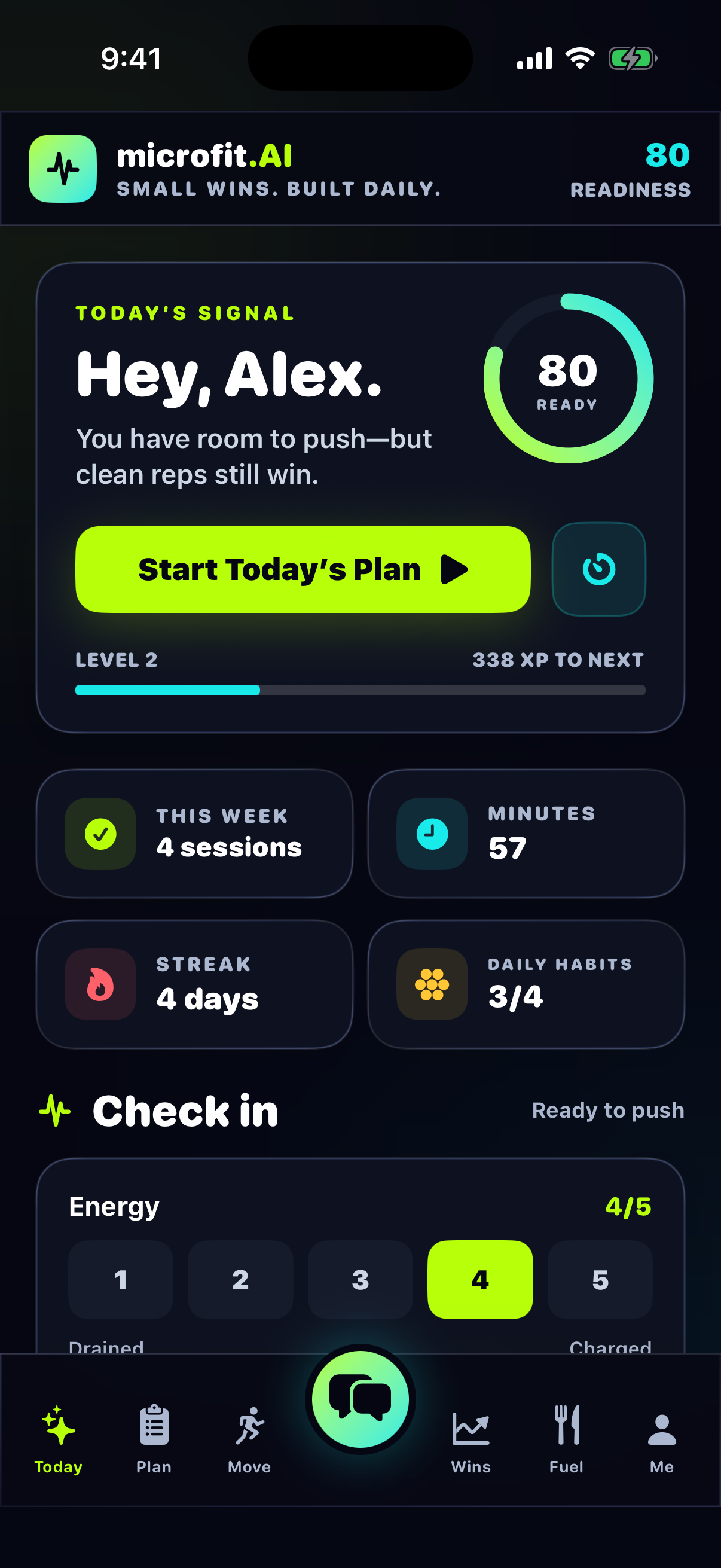 microfit.AI Today screen with an 80 readiness score and adaptive plan